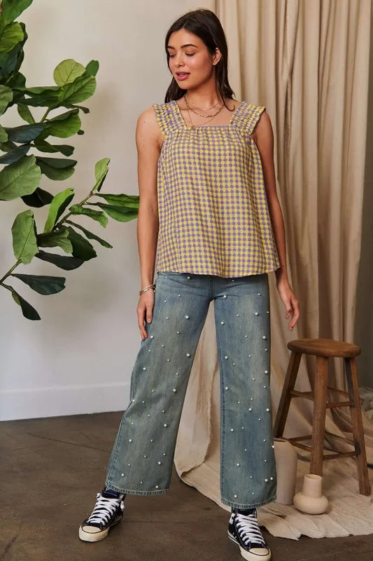 Davi & Dani Printed Square Neck Shirred Straps Top - Brittney MADE
