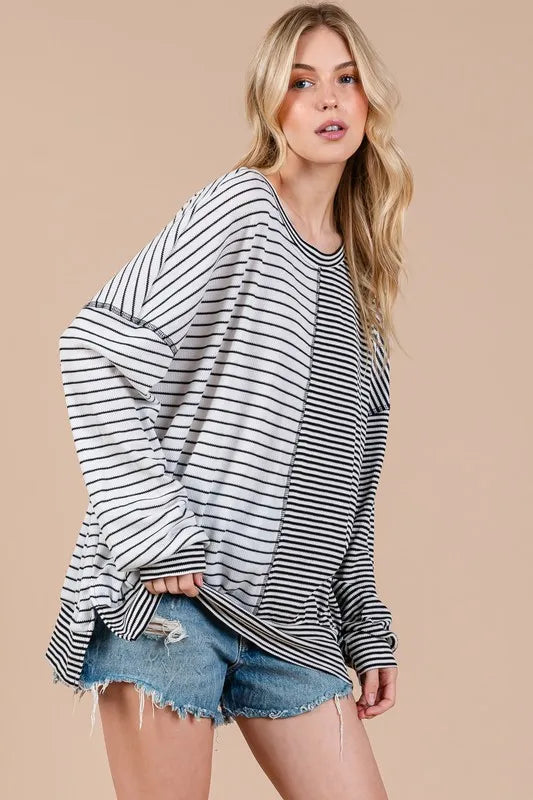 Ces Femme Striped Round Neck Long Sleeve Knit Top - Brittney MADE