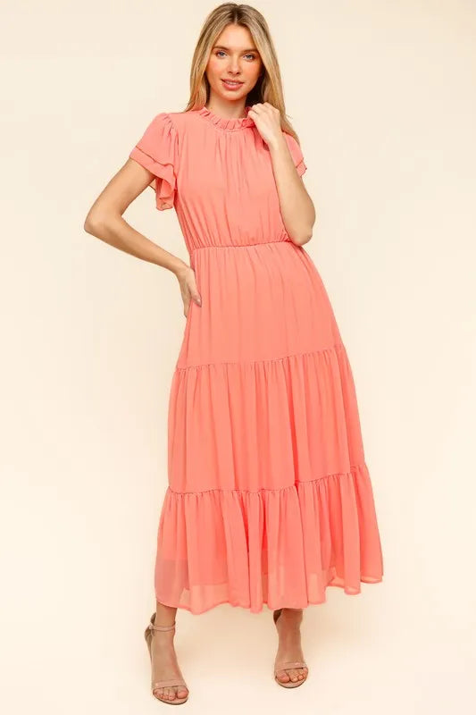 Haptics Full Size Tiered Frill Mock Neck Short Sleeve Dress - Brittney MADE