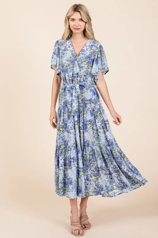 Mittoshop Floral Tie Waist Flutter Sleeve Tiered Dress - Brittney MADE