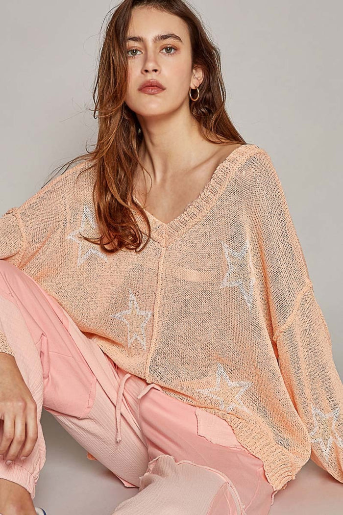 POL V-Neck Long Sleeve Star Print Knit Top - Brittney MADE