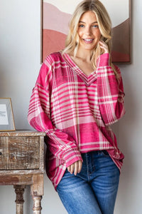 Heimish Plaid Drop Shoulder V-Neck T-Shirt - Brittney MADE