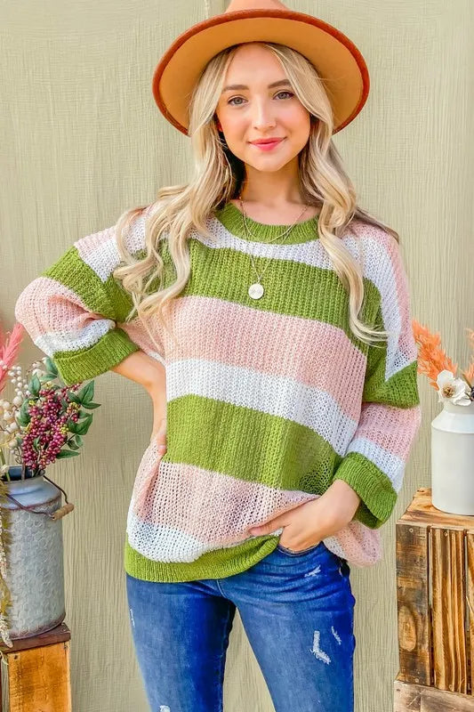 And The Why Multi Striped Mesh Pullover Spring Sweater - Brittney MADE