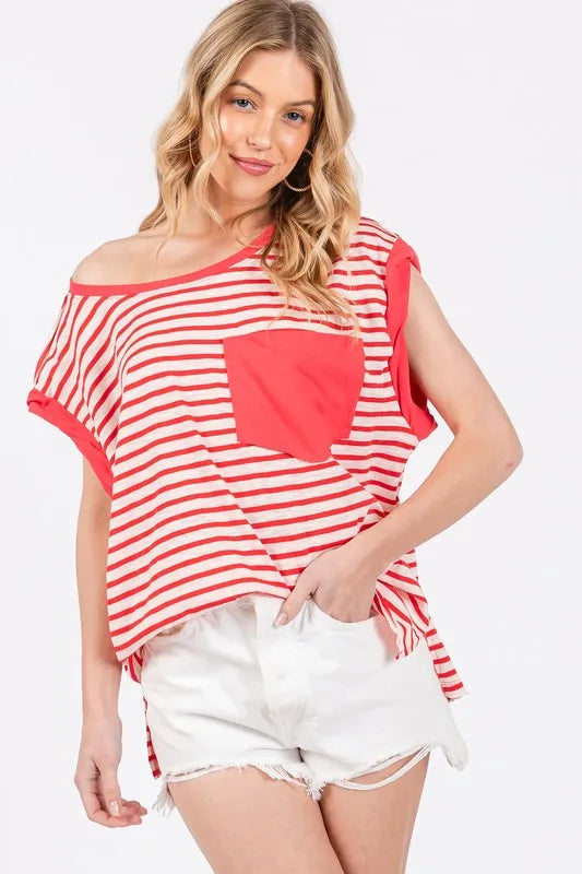 Ces Femme Side Slit Striped Cap Sleeve T-Shirt - Brittney MADE