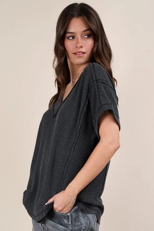 VERY J Plus Size Soft Two Tone Casual Comfy Ribbed Knit Top - Brittney MADE