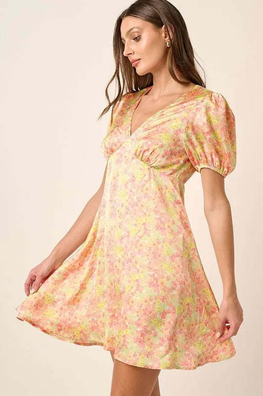 Mittoshop Printed V-Neck Puff Sleeve Mini Dress - Brittney MADE