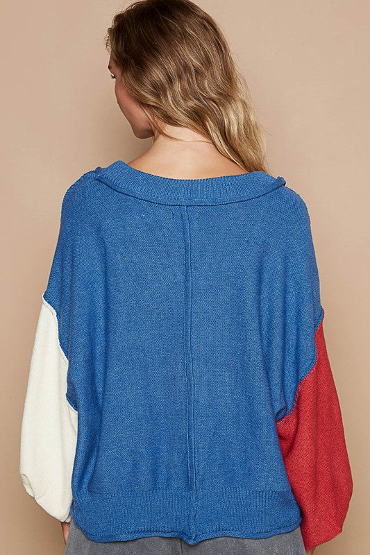 POL Exposed Seam Contrast V-Neck Lantern Sleeve Sweater - Brittney MADE