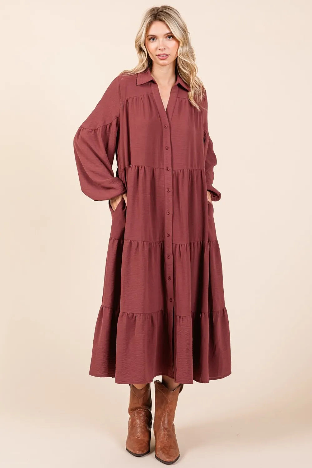 Mittoshop Tiered Button Down Long Sleeve Midi Dress - Brittney MADE