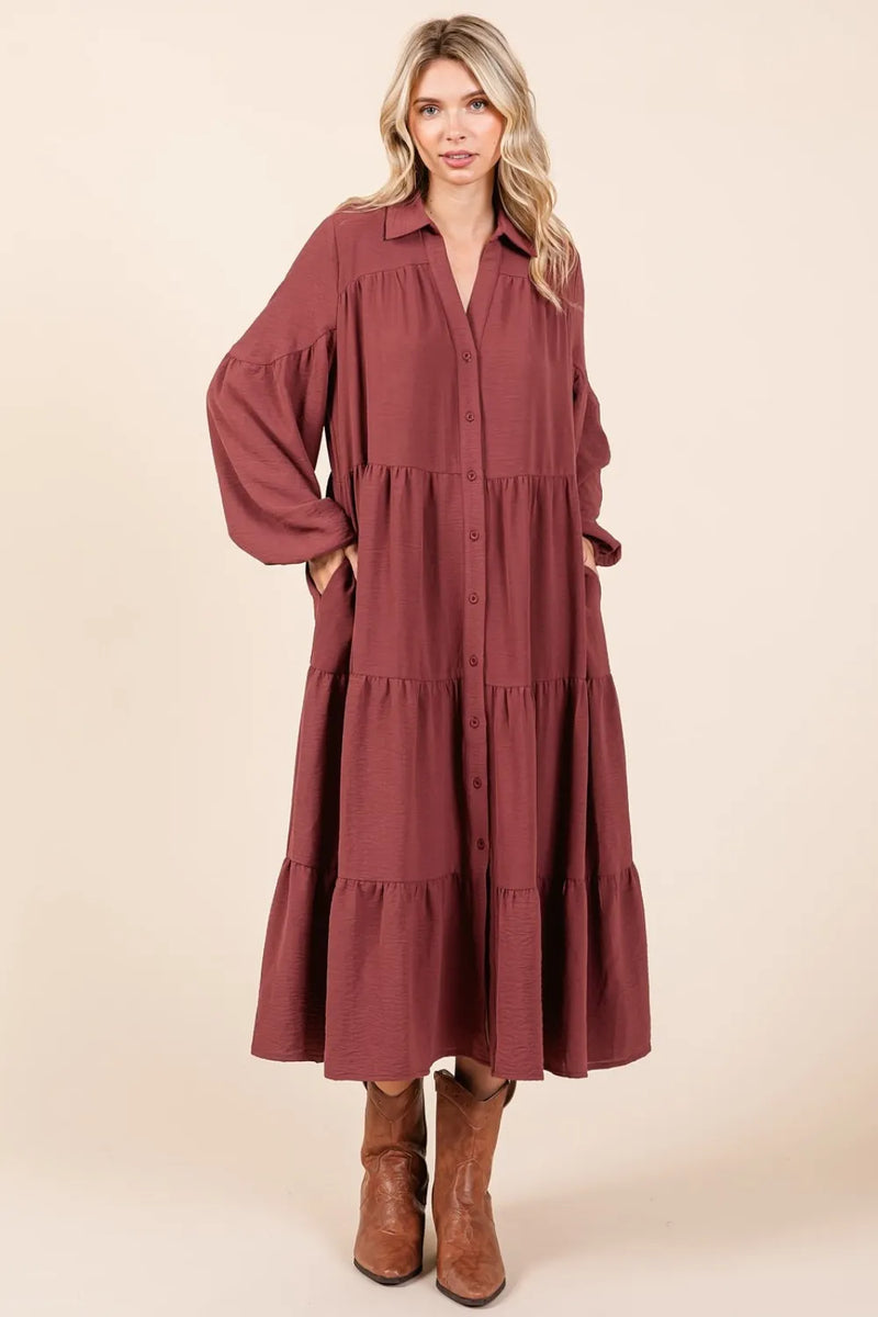 Mittoshop Tiered Button Down Long Sleeve Midi Dress - Brittney MADE