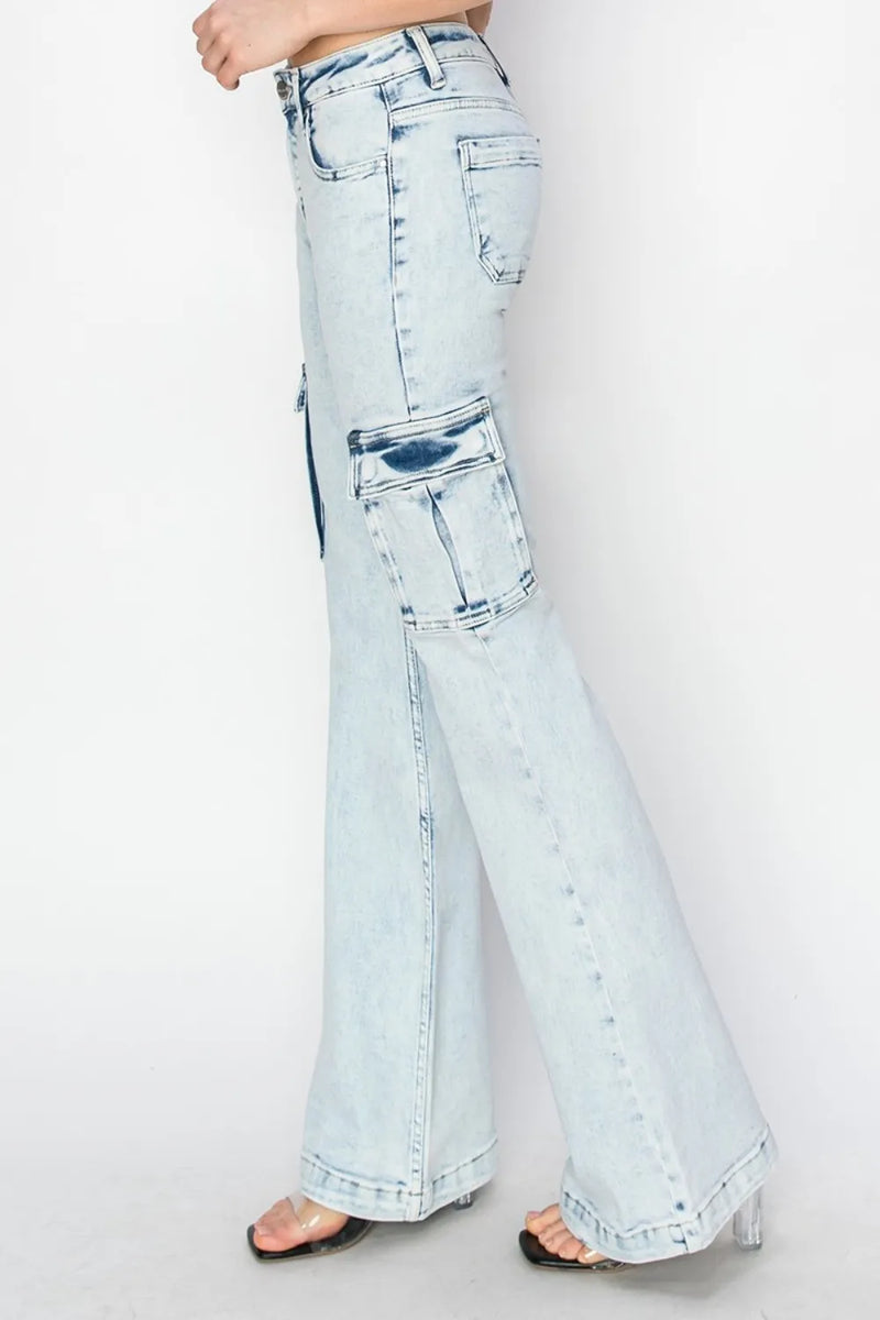 RISEN Full Size High Rise Cargo Flare Jeans - Brittney MADE