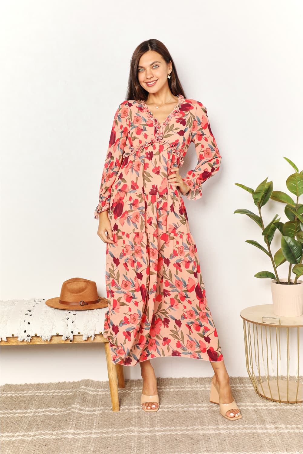 Double Take Floral Frill Trim Flounce Sleeve Plunge Maxi Dress - Brittney MADE