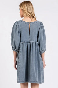 Mittoshop Washed Round Neck Puff Sleeve Denim Dress - Brittney MADE