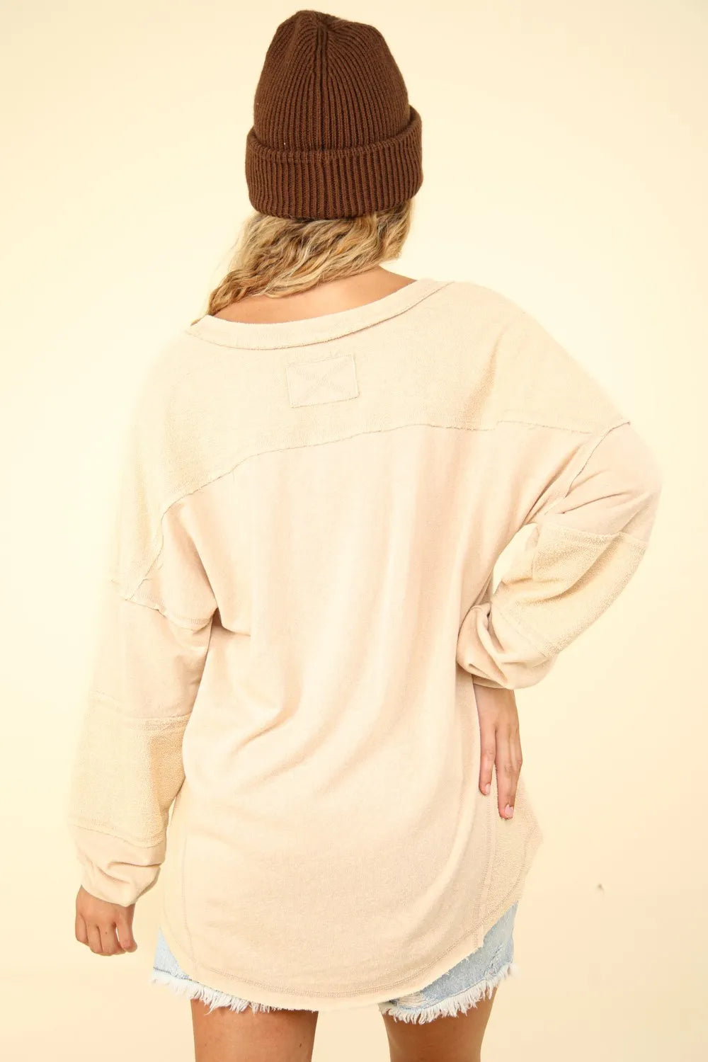 VERY J Washed V-Neck Exposed Seam Knit Top - Brittney MADE