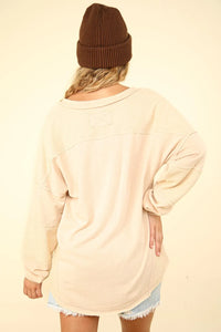 VERY J Washed V-Neck Exposed Seam Knit Top - Brittney MADE