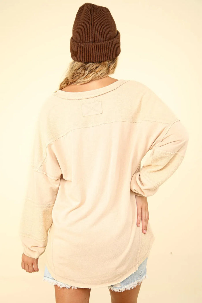 VERY J Washed V-Neck Exposed Seam Knit Top - Brittney MADE