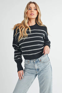 Aemi + Co Side Slit Striped Round Neck Knit Top - Brittney MADE