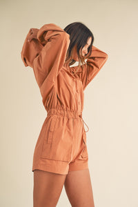 Mable Snap Down Long Sleeve Hooded Romper - Brittney MADE