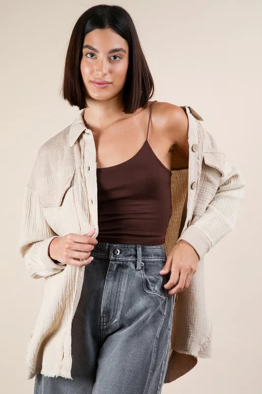 VERY J Mineral Washed Oversized Gauze Shacket - Brittney MADE