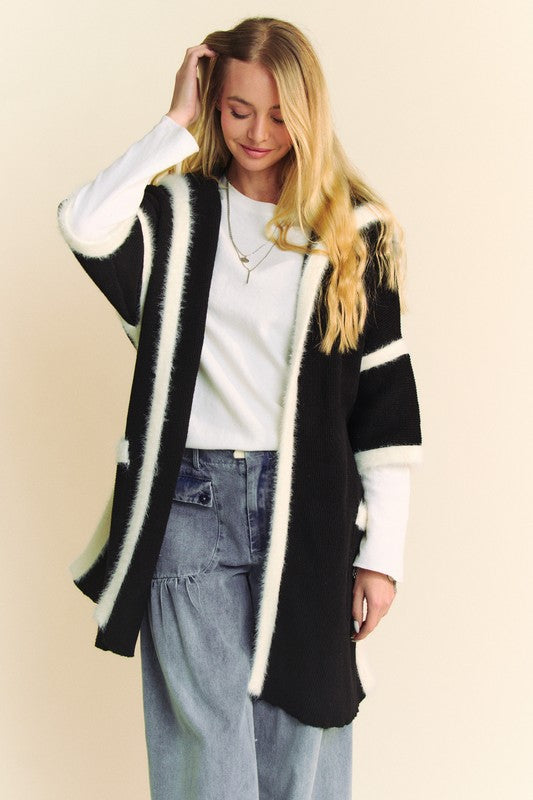 Davi & Dani Fuzzy Trim Open Front Loose Fit Cardigan - Brittney MADE