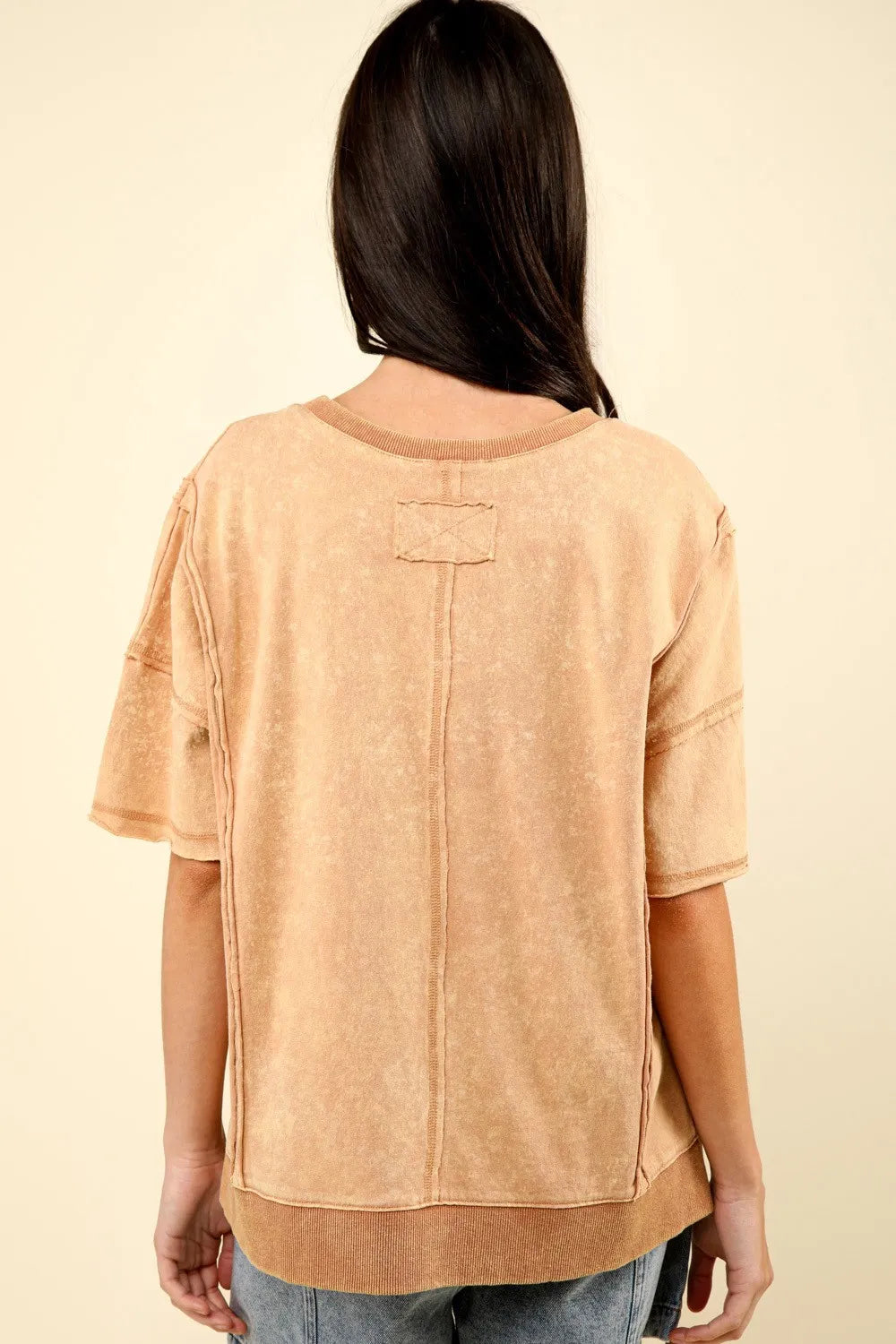 VERY J Round Neck Exposed Seam Slit T-Shirt - Brittney MADE