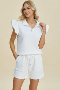 Double Take Full Size Texture Flounce Sleeve Top and Shorts Set - Brittney MADE