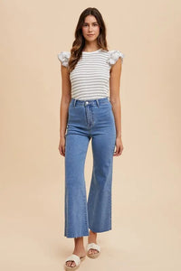 Annie Wear Ruffled Striped Round Neck Cap Sleeve Knit Top - Brittney MADE