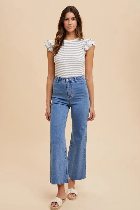 Annie Wear Ruffled Striped Round Neck Cap Sleeve Knit Top - Brittney MADE