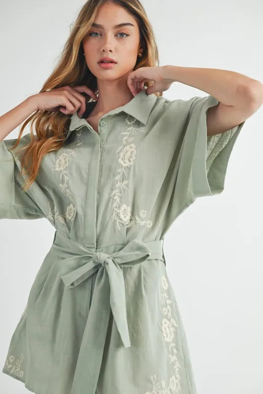 MABLE Embroidered Button Down Collared Neck Romper - Brittney MADE