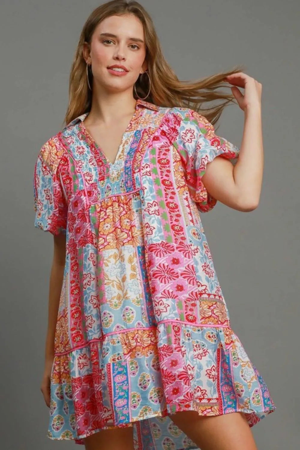 Umgee Full Size Smocked Floral Puff Sleeve Mini Dress Plus Size - Brittney MADE