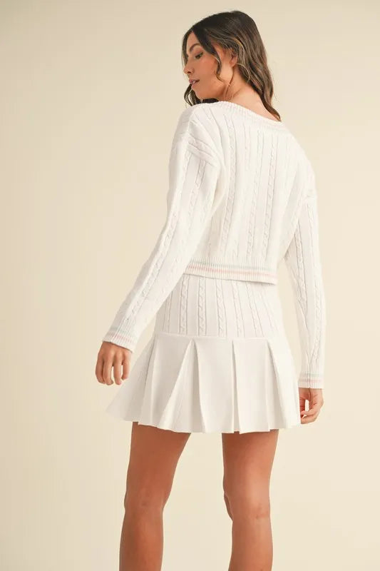 MABLE V-Neck Varsity Crop Knit Sweater and Skirt Set - Brittney MADE