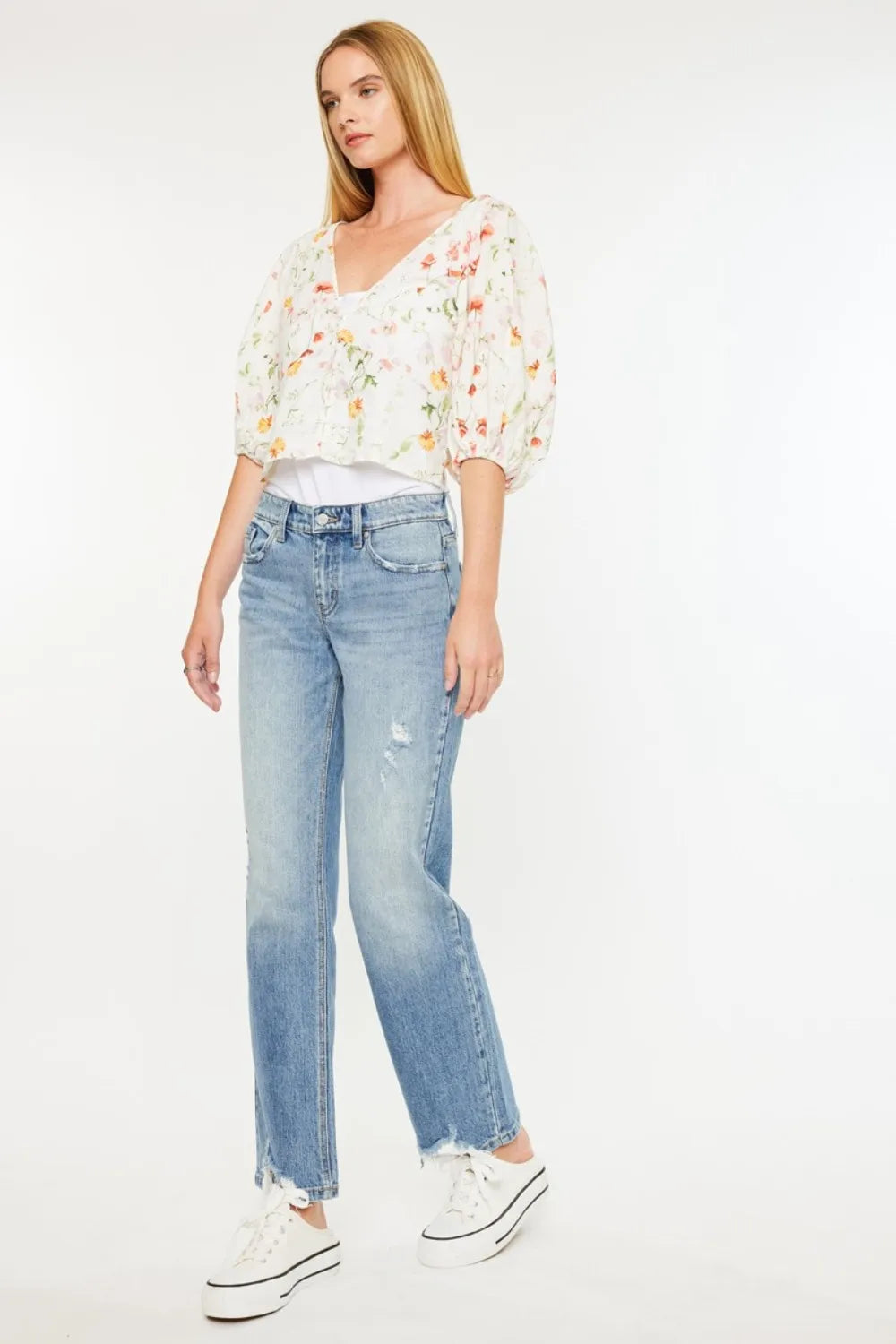 Kancan Mid Rise Frayed Hem Straight Jeans - Brittney MADE