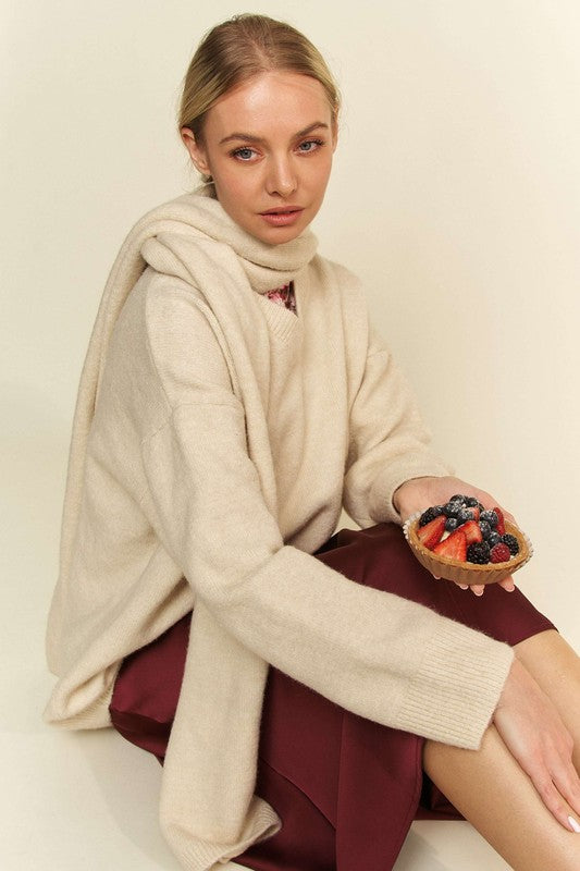 Davi & Dani V-Neck Dropped Shoulder Sweater with Scarf - Brittney MADE