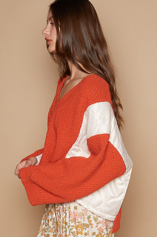 POL Cable Knit Quilting Patch V-Neck Contrast Sweater - Brittney MADE