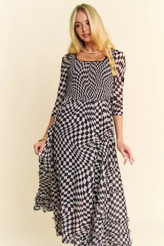 Davi & Dani Printed Checker Mesh Flowy Maxi Dress - Brittney MADE