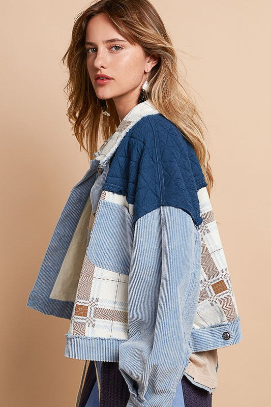POL Corduroy Jacquard Patchwork Button Up Jacket - Brittney MADE