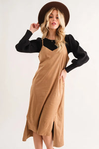 And The Why Faux Suede Cut Edge Slit Cami Midi Dress - Brittney MADE