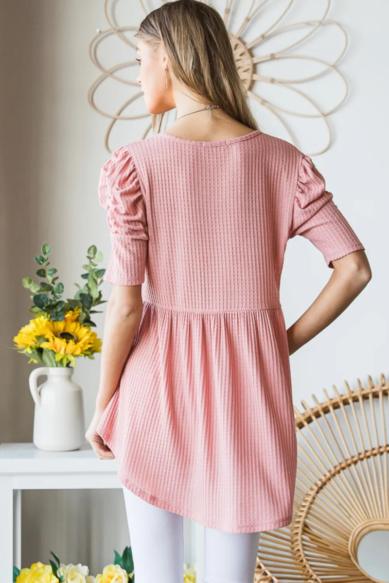 Heimish Full Size Waffle Knit V-Neck Babydoll Top - Brittney MADE