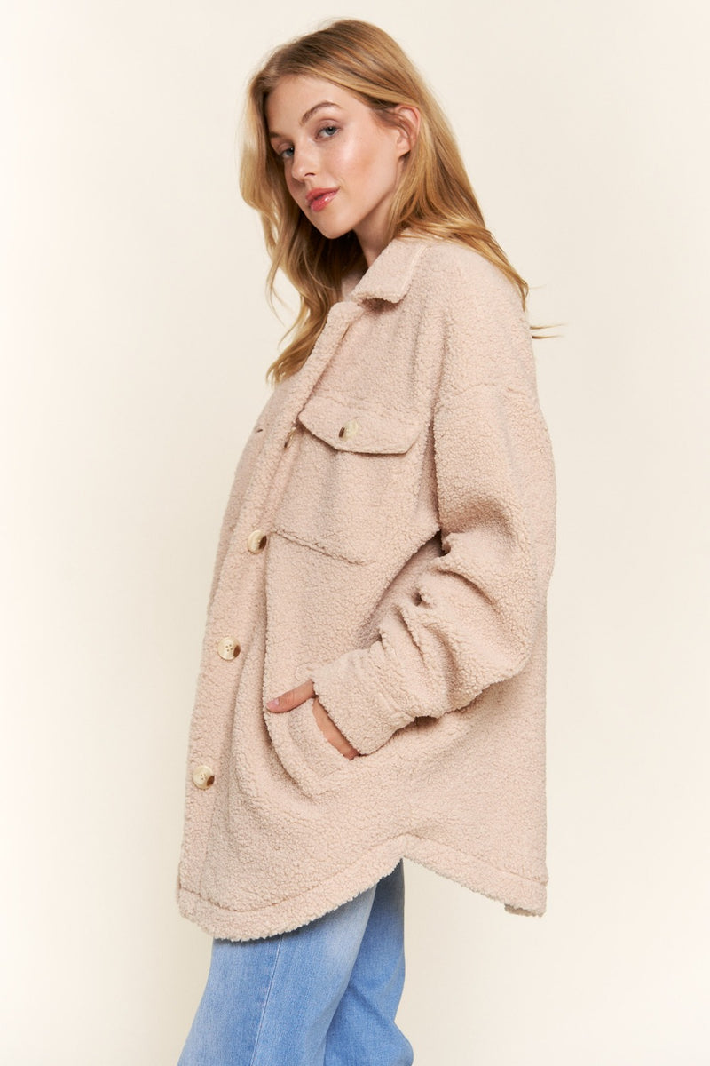 And The Why Teddy Sherpa Button Down Curved Hem Shacket - Brittney MADE