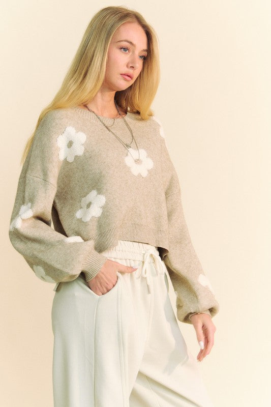Davi & Dani Floral Drop Shoulder Cropped Sweater - Brittney MADE