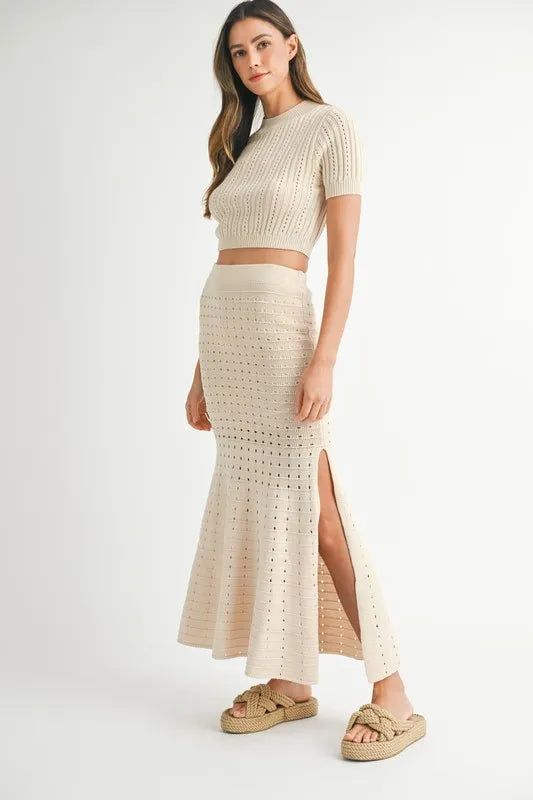MABLE Pointelle Short Sleeve Crop Top and Slit Skirt Sweater Set - Brittney MADE