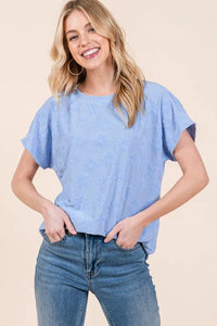 BOMBOM Textured Floral Pattern Short Sleeve T-Shirt - Brittney MADE