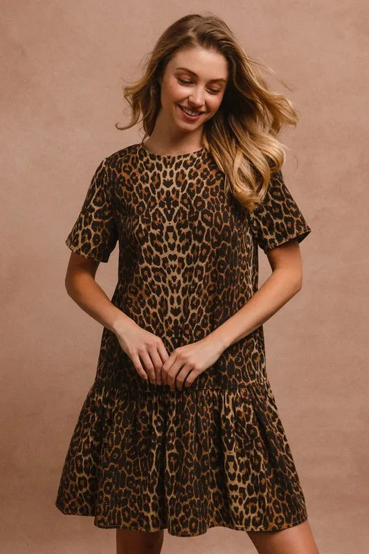 BiBi Tie Back Leopard Round Neck Short Sleeve Dress - Brittney MADE