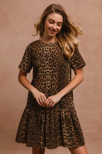 BiBi Tie Back Leopard Round Neck Short Sleeve Dress - Brittney MADE