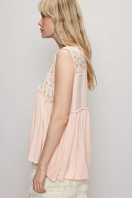 POL Lace Detail Frill Floral V-Neck Sleeveless Top - Brittney MADE
