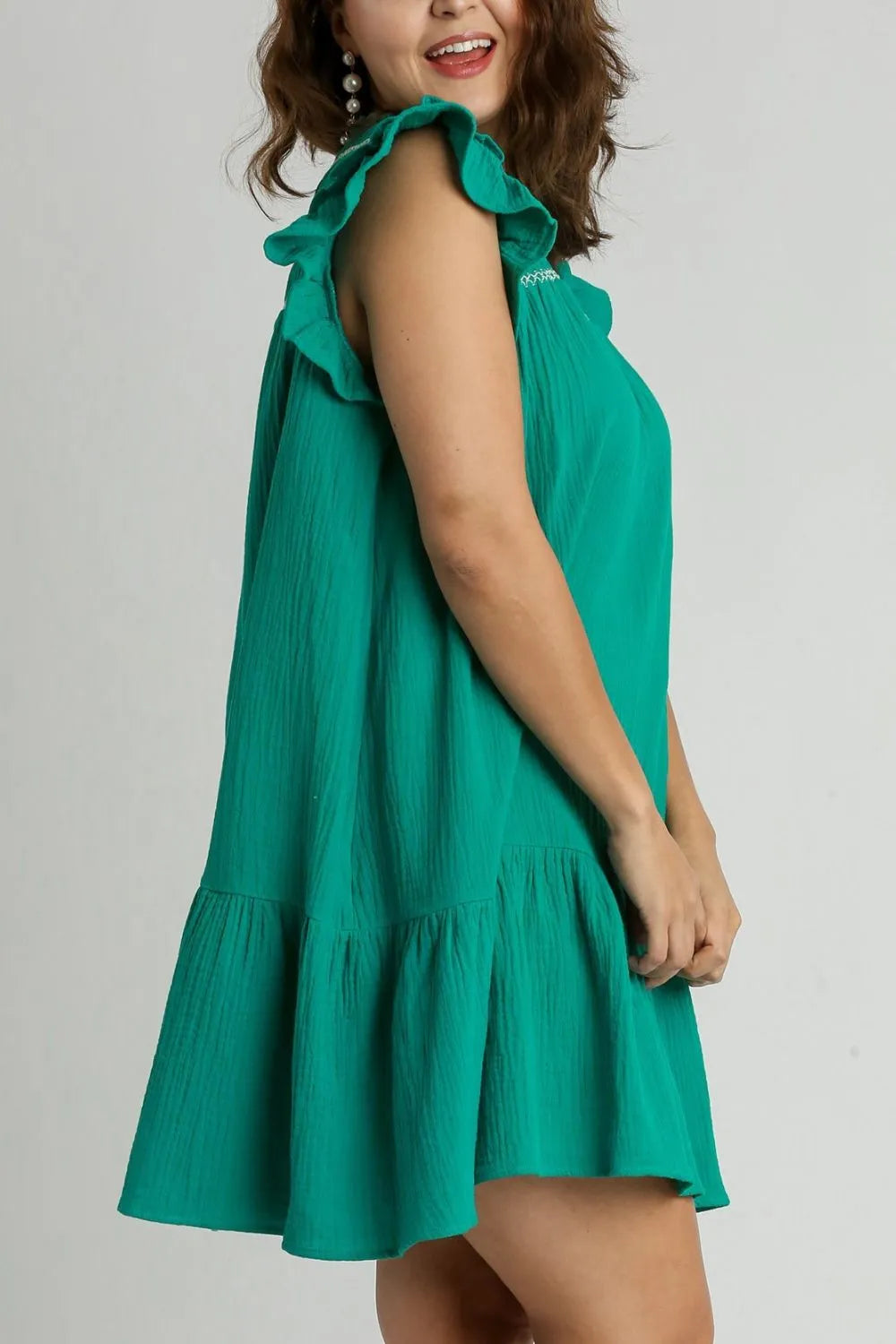 Umgee Full Size Smocked Contrast Stitching Ruffle Cap Sleeve Round Neck Dress Plus Size - Brittney MADE