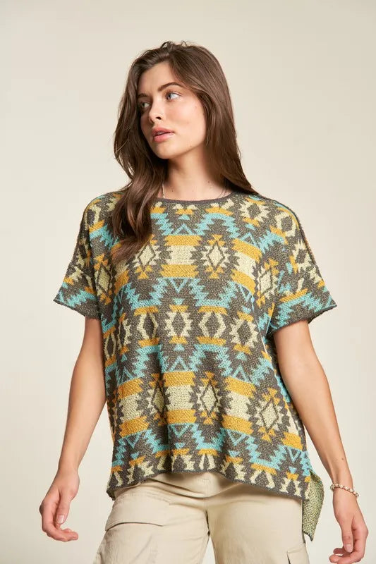 Davi & Dani High-Low Geometric Round Neck Knit Top - Brittney MADE