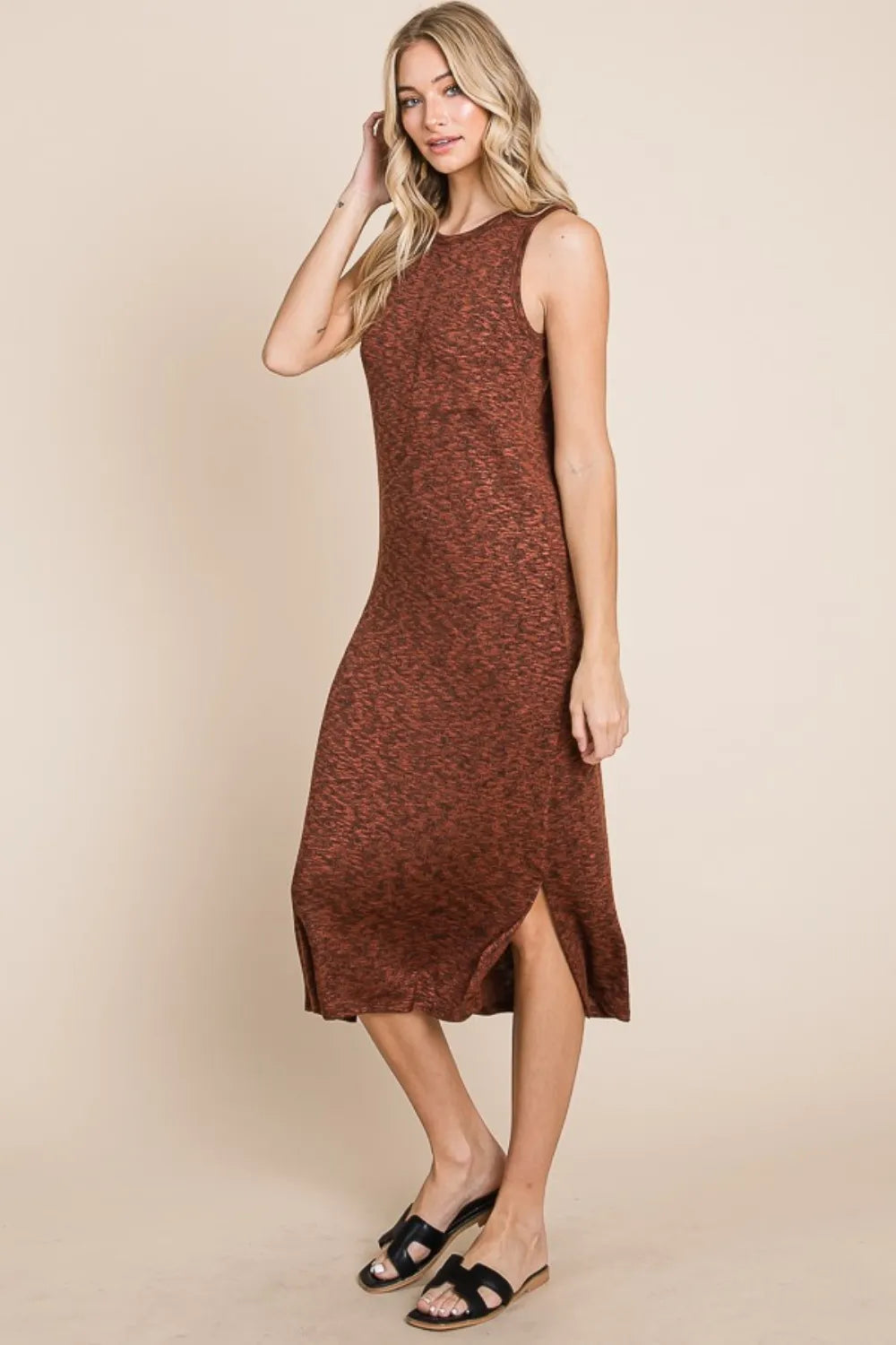 BOMBOM Slit Round Neck Sleeveless Midi Dress - Brittney MADE