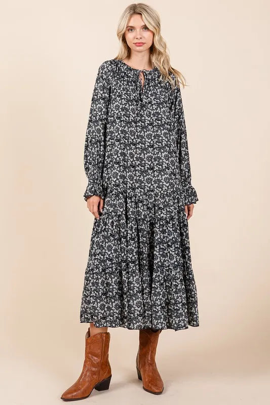 Mittoshop Printed Tie Neck Flounce Sleeve Midi Dress - Brittney MADE