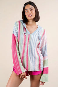 VERY J Multi Color Stripe Long Sleeve Knit Hoodie - Brittney MADE