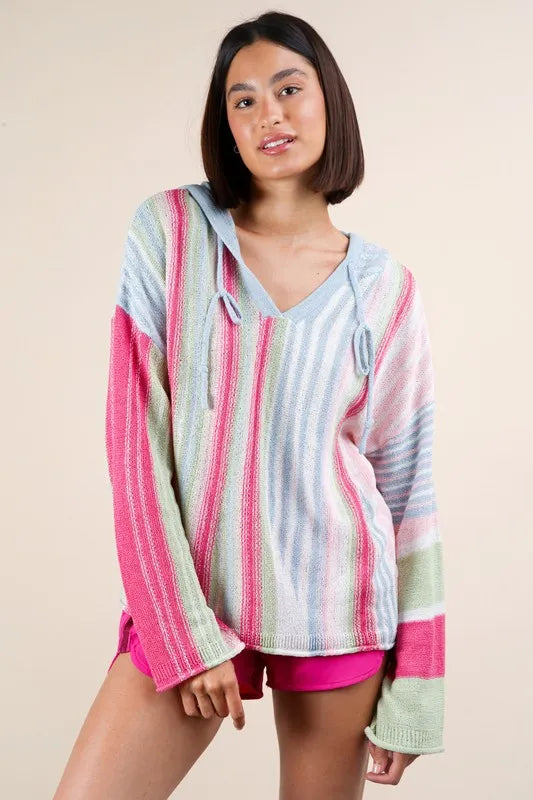 VERY J Multi Color Stripe Long Sleeve Knit Hoodie - Brittney MADE